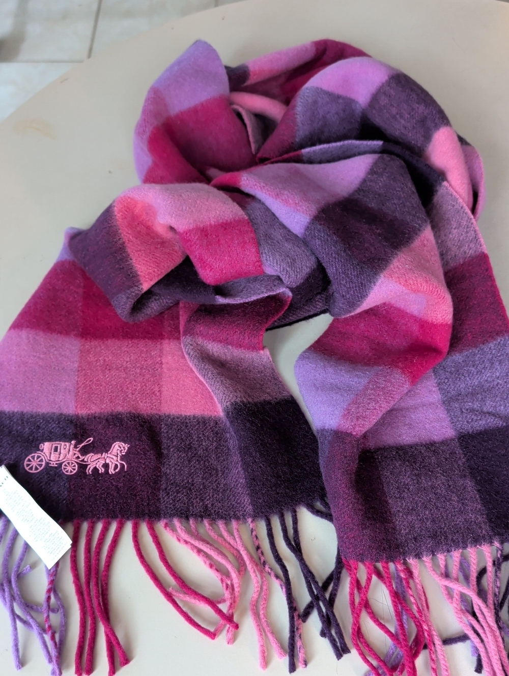 Coach Pink & Purple Plaid Fringe Scarf 99%wool Cozy Colorful Fall Festive Chic